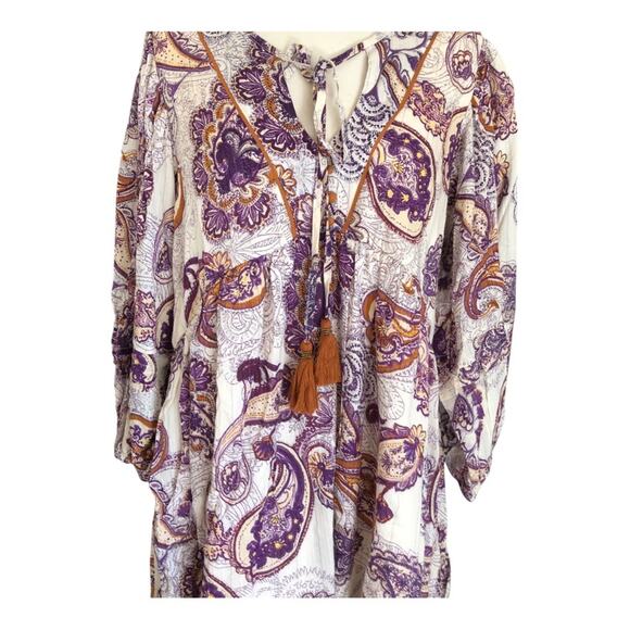Band Of The Free NWT Lyonnette Paisley Boho Long Sleeve Mini Dress Cream Purple - Picture 3 of 13